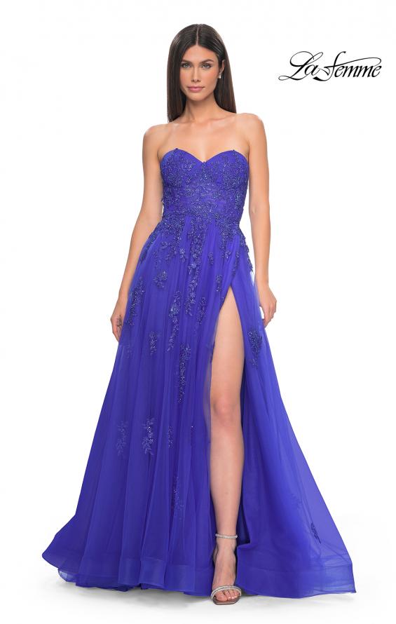 Picture of: Lace Up A-Line Dress with Ruched Bodice and Sweetheart Top in Royal Blue, Style: 32084, Detail Picture 3