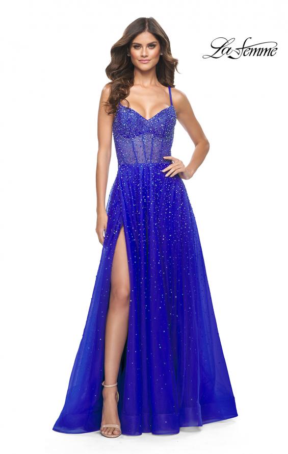 Picture of: Rhinestone A-Line Tulle Prom Dress with Illusion Bodice in Royal Blue, Style: 32146, Detail Picture 3