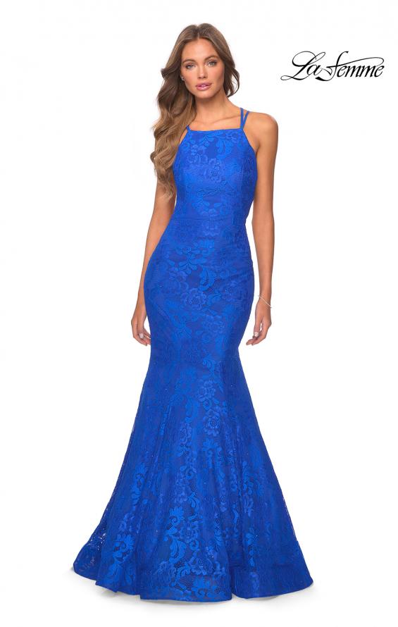 Picture of: Lace Prom Dress with Rhinestones and Strappy Back in Royal Blue, Style 28140, Detail Picture 4