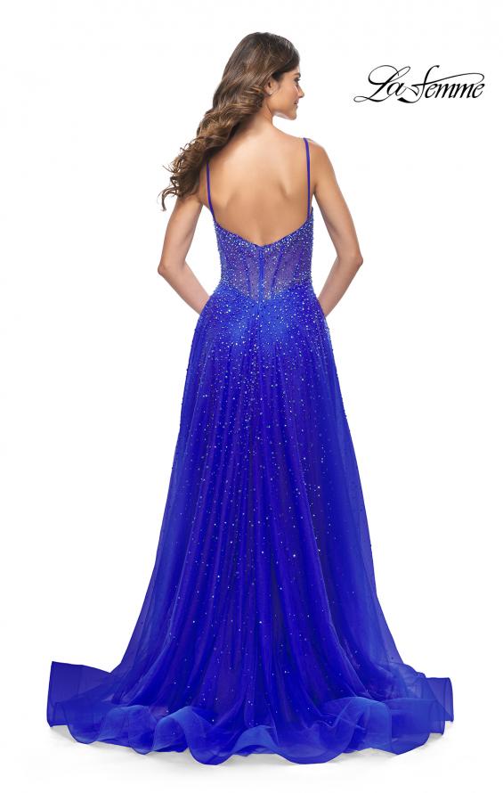 Picture of: Rhinestone A-Line Tulle Prom Dress with Illusion Bodice in Royal Blue, Style: 32146, Detail Picture 4