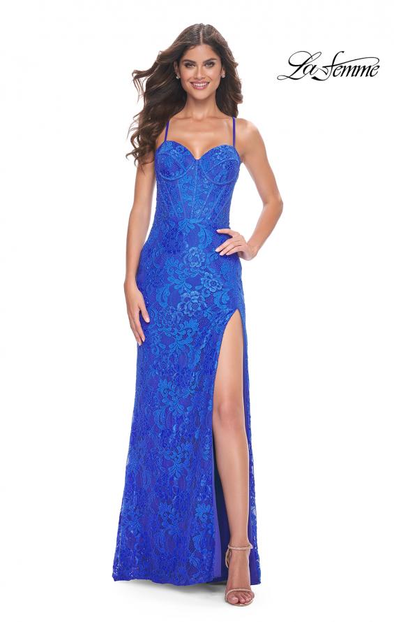 Picture of: Stretch Lace Dress with Bustier Top and Illusion Back in Royal Blue, Style: 32248, Detail Picture 4