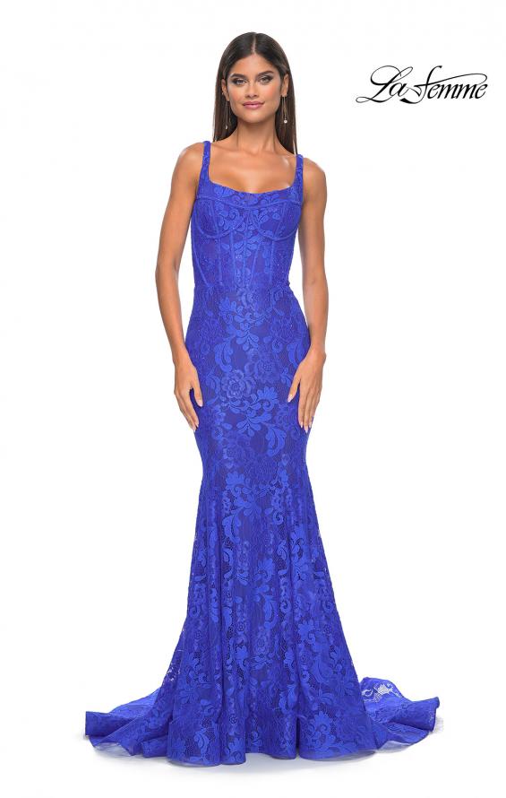 Picture of: Mermaid Stretch Lace Gown with Corset Top in Royal Blue, Style: 32420, Detail Picture 4