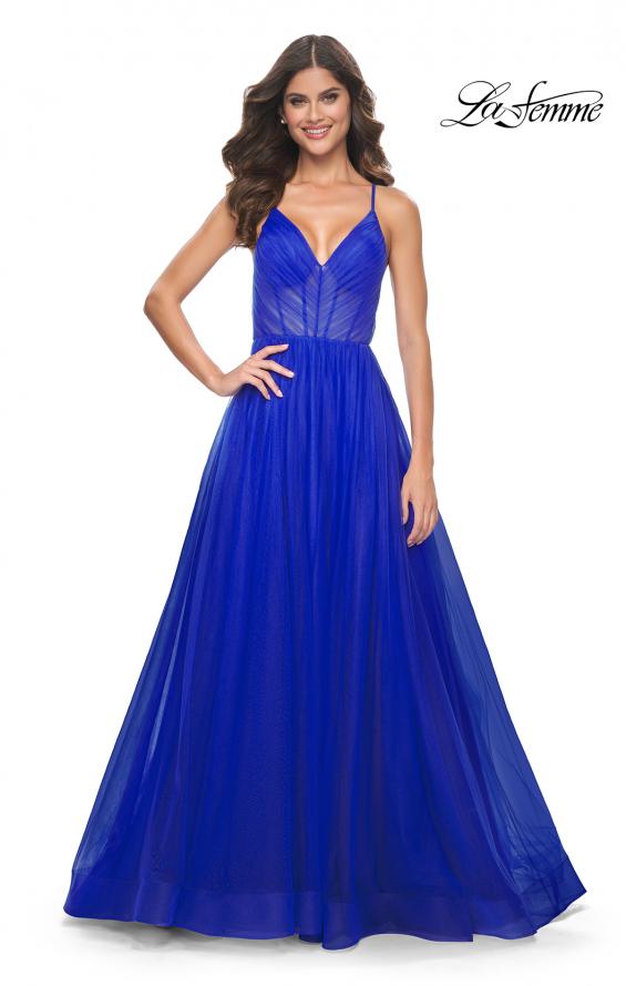 Picture of: A-Line Prom Dress with Illusion Ruched Bodice in Royal Blue, Style: 31457, Detail Picture 5