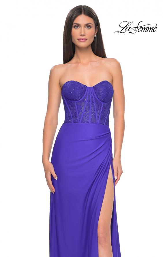 Picture of: Lace Bustier Strapless Dress with Ruched Jersey Skirt in Royal Blue, Style: 32234, Detail Picture 5