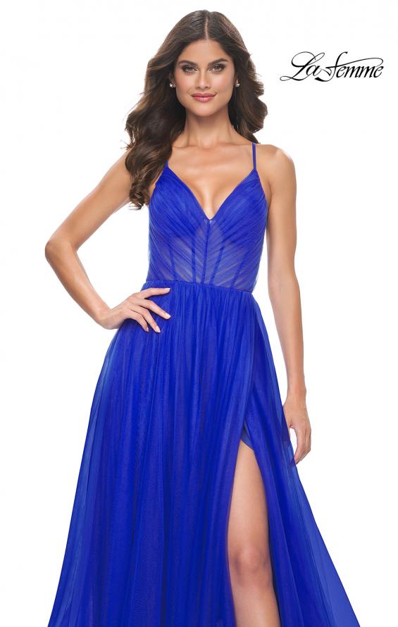 Picture of: A-Line Prom Dress with Illusion Ruched Bodice in Royal Blue, Style: 31457, Detail Picture 6