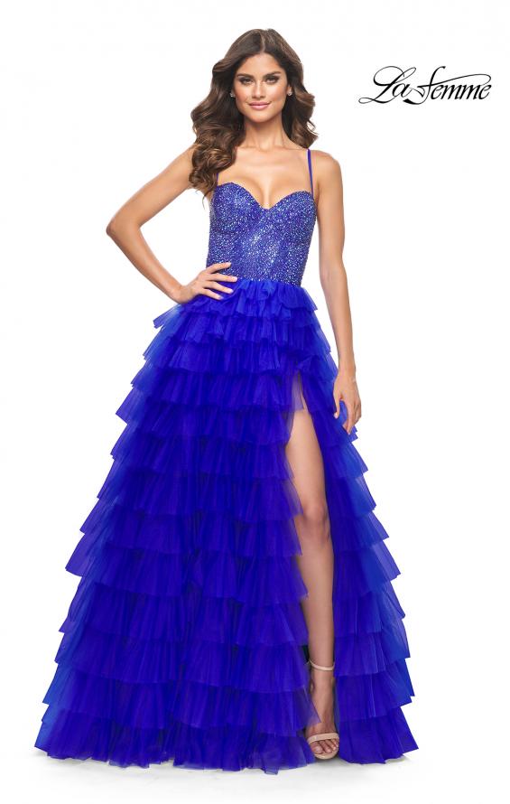 Picture of: Tiered Ruffle Tulle Prom Dress with Rhinestone Embellished Bodice in Royal Blue, Style: 32002, Detail Picture 6