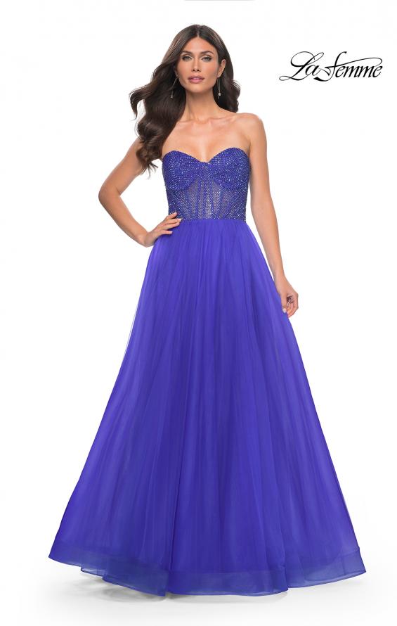 Picture of: A-Line Tulle Prom Dress with Rhinestone Fishnet Bodice in Blue, Style: 32216, Detail Picture 6