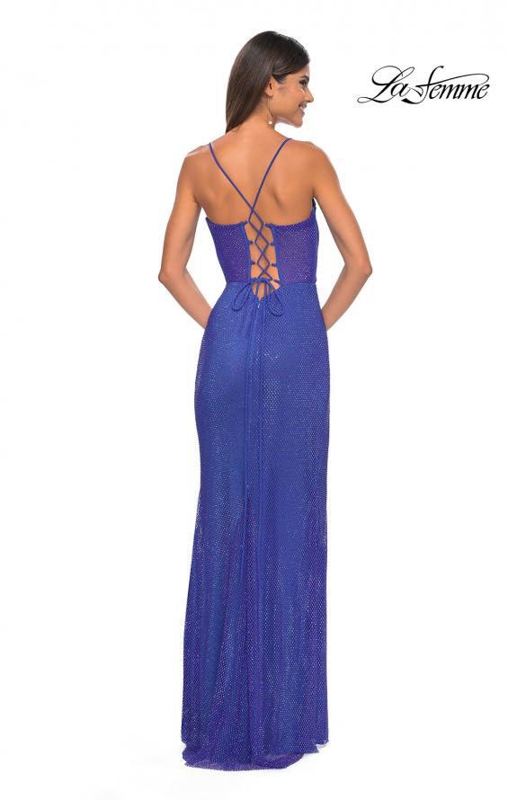 Picture of: Fishnet Rhinestone Fitted Dress with Bustier Top and High Neckline in Royal Blue, Style: 32446, Detail Picture 6