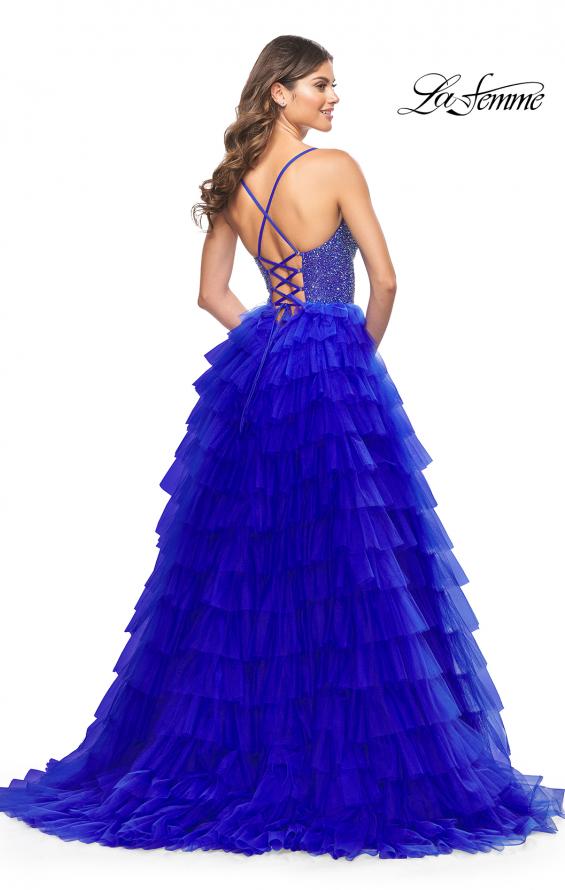 Picture of: Tiered Ruffle Tulle Prom Dress with Rhinestone Embellished Bodice in Royal Blue, Style: 32002, Detail Picture 7
