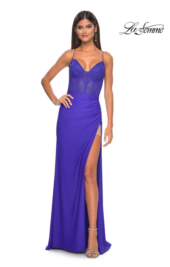 Picture of: Fitted Jersey Dress with Fishnet Rhinestone Illusion Bustier Top in Royal Blue, Style: 32230, Detail Picture 7