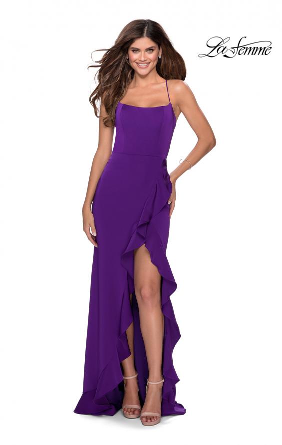 Picture of: Ruffle Prom Dress with Scoop Neck and Lace Up Back in Royal Purple, Style: 28294, Detail Picture 5