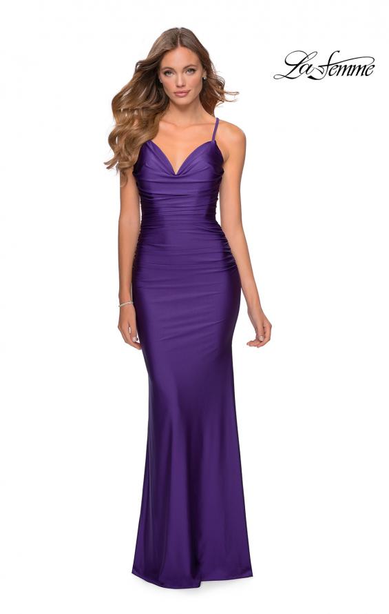 Picture of: Form Fitting Jersey Dress with Ruching and Strappy Back in Royal Purple, Style: 27501, Detail Picture 6