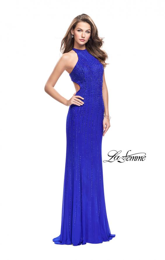 Picture of: Metallic Beaded Long Prom Dress with High Neck in Royal Blue, Style: 26182, Main Picture