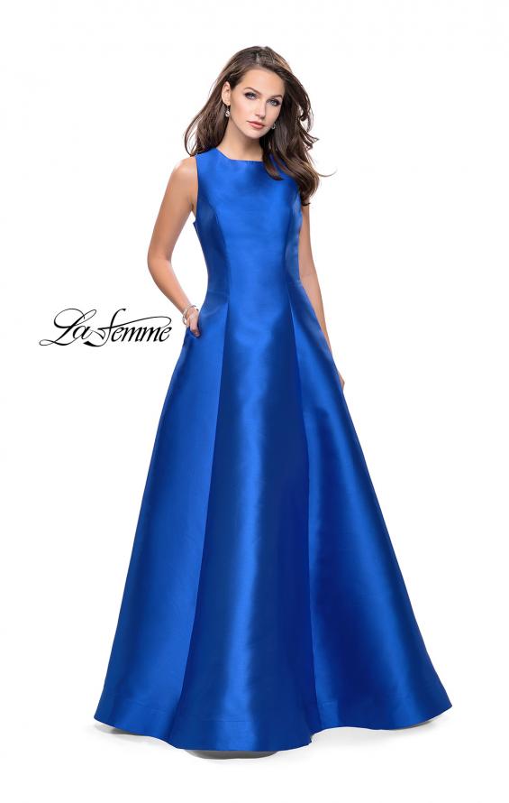 Picture of: Long Mikado Ball Gown with Boat Neck and Criss Cross Back in Royal Blue, Style: 25425, Detail Picture 1