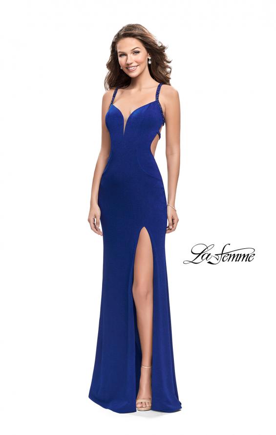 Picture of: Form Fitting Prom Dress with Metallic Straps and Slit in Royal Blue, Style: 26021, Detail Picture 1
