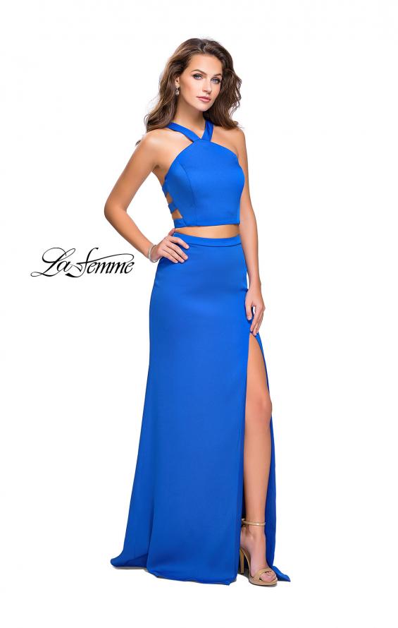 Picture of: Halter Two Piece Satin Prom Dress with Caged Back in Royal Blue, Style: 26171, Detail Picture 2