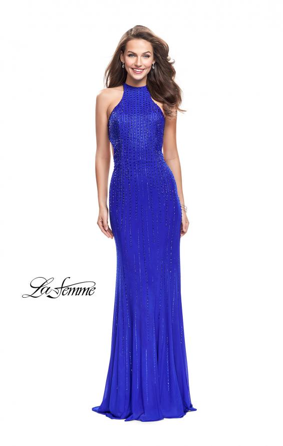 Picture of: Metallic Beaded Long Prom Dress with High Neck in Royal Blue, Style: 26182, Detail Picture 2