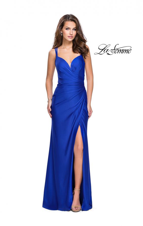 Picture of: Long Jersey Prom Dress with Ruching Side Wrap Detail in Royal Blue, Style: 26317, Detail Picture 2