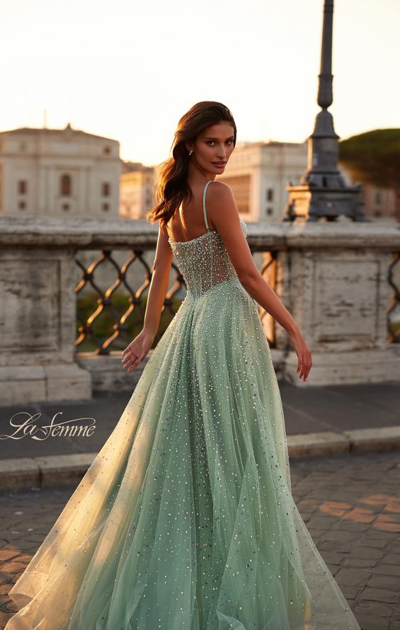 Picture of: Rhinestone A-Line Tulle Prom Dress with Illusion Bodice in Sage, Style: 32146, Back Picture