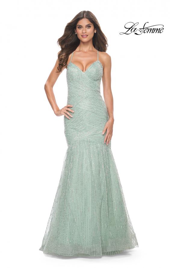 Picture of: Intricate Beaded and Rhinestone Mermaid Prom Dress in Sage, Style: 32026, Main Picture