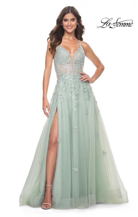 Picture of: A-Line Tulle Dress with Rhinestone Embellished Lace Applique in Light Colors in Sage, Style: 32438, Main Picture