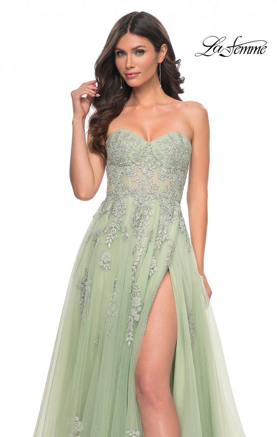 Picture of: Lace Up A-Line Dress with Ruched Bodice and Sweetheart Top in Green, Style: 32084, Detail Picture 10