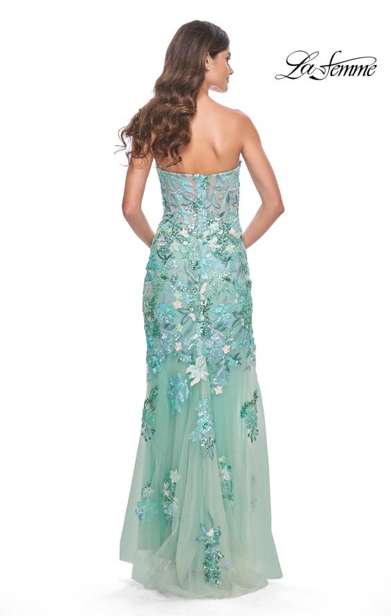 Picture of: Multi Color Lace Floral Applique on Fitted Strapless Sage Gown in Sage, Style: 32252, Back Picture
