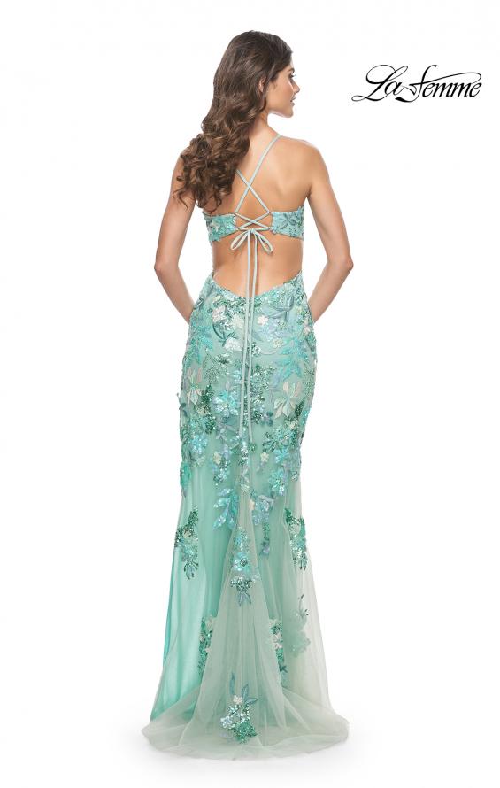 Picture of: Sage Floral Embroidered and Sequin Print Gown with Lace Up Back in Sage, Style: 32344, Back Picture