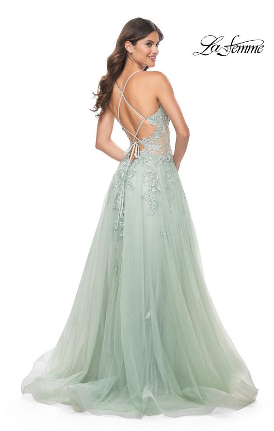 Picture of: A-Line Tulle Dress with Rhinestone Embellished Lace Applique in Light Colors in Sage, Style: 32438, Back Picture