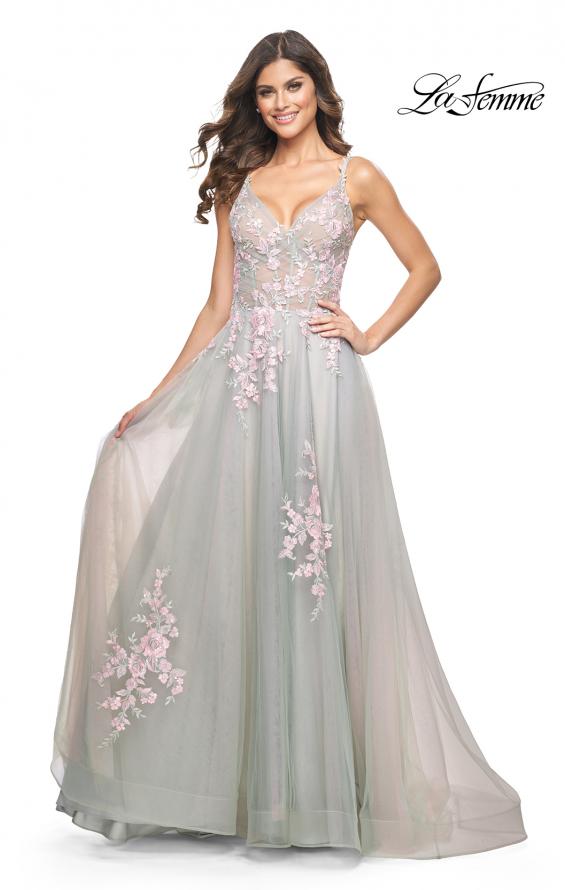 Picture of: A-Line Tulle Prom Dress with Scattered Lace Applique in Sage, Style: 31939, Detail Picture 1