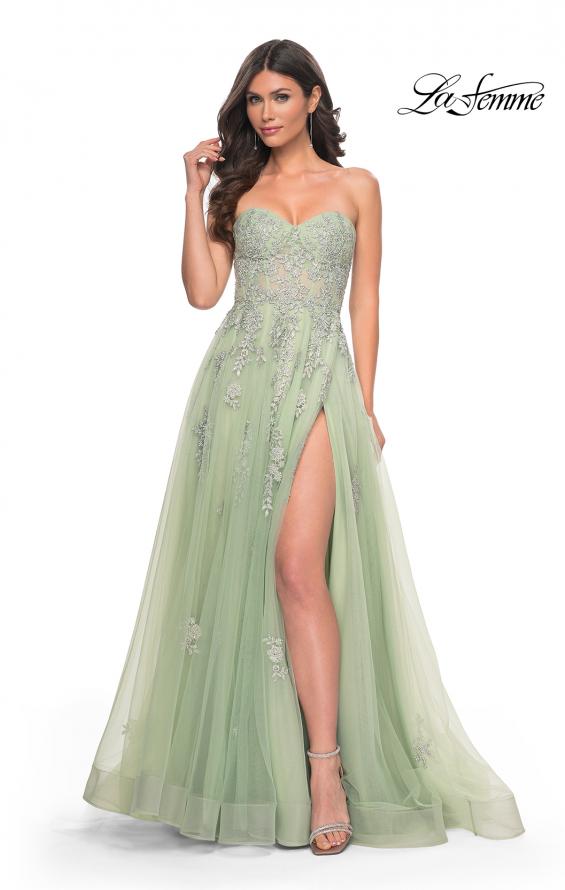 Picture of: Lace Up A-Line Dress with Ruched Bodice and Sweetheart Top in Green, Style: 32084, Detail Picture 1