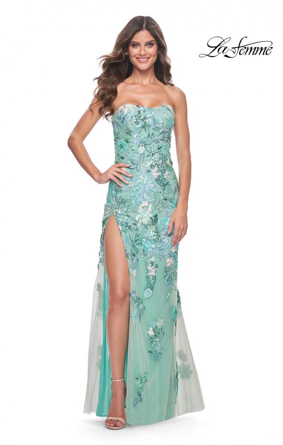 Picture of: Multi Color Lace Floral Applique on Fitted Strapless Sage Gown in Sage, Style: 32252, Detail Picture 1