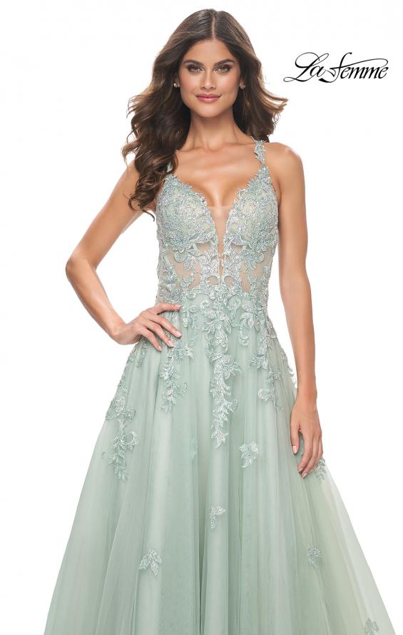 Picture of: A-Line Tulle Dress with Rhinestone Embellished Lace Applique in Light Colors in Sage, Style: 32438, Detail Picture 1