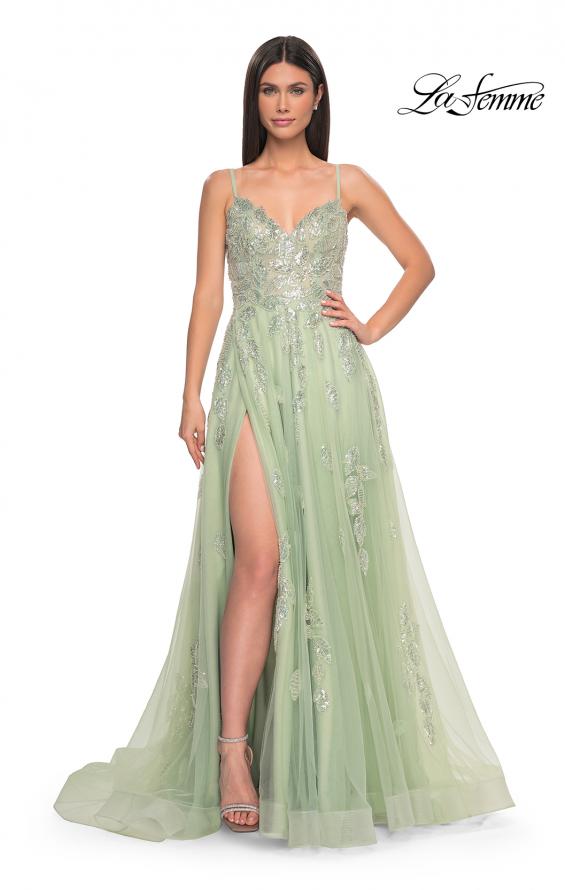 Picture of: Two Tone Tulle A-Line Prom Dress with Floral Beaded Detail in Sage, Style: 32090, Detail Picture 2