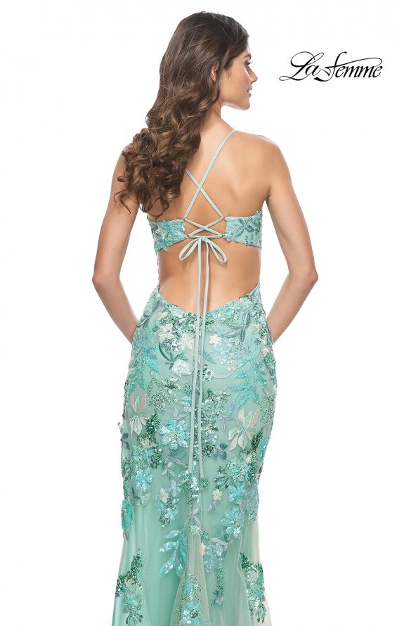 Picture of: Sage Floral Embroidered and Sequin Print Gown with Lace Up Back in Sage, Style: 32344, Detail Picture 2