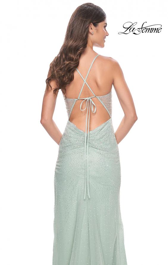 Picture of: Rhinestone Embellished Fitted Dress with Illusion Bustier Top in Sage, Style: 32435, Detail Picture 4