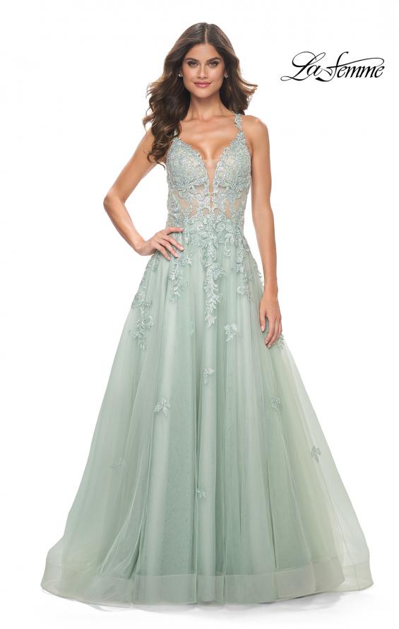 Picture of: A-Line Tulle Dress with Rhinestone Embellished Lace Applique in Light Colors in Sage, Style: 32438, Detail Picture 4