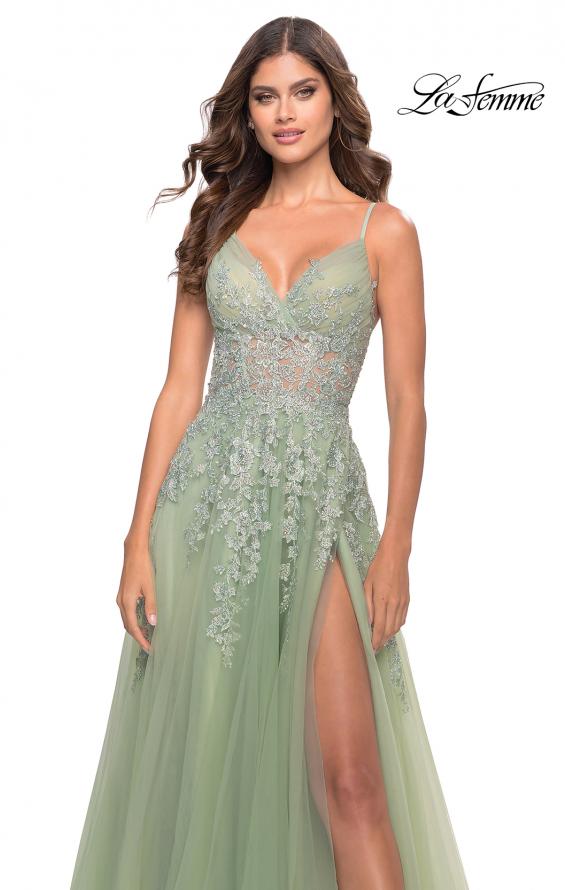 Picture of: Tulle A-Line Gown with Pretty Lace Applique Details in Sage, Style: 31393, Detail Picture 6