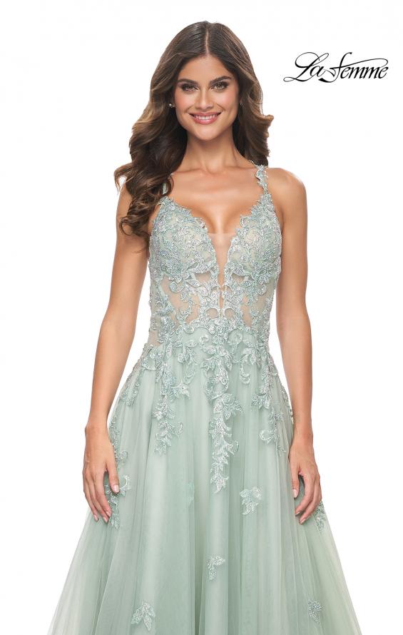 Picture of: A-Line Tulle Dress with Rhinestone Embellished Lace Applique in Light Colors in Sage, Style: 32438, Detail Picture 6