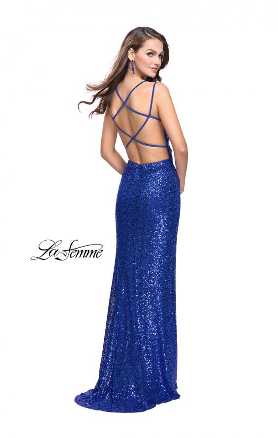 Picture of: Long Sequin Prom Dress with Side Ruching in Sapphire Blue, Style: 25492, Back Picture