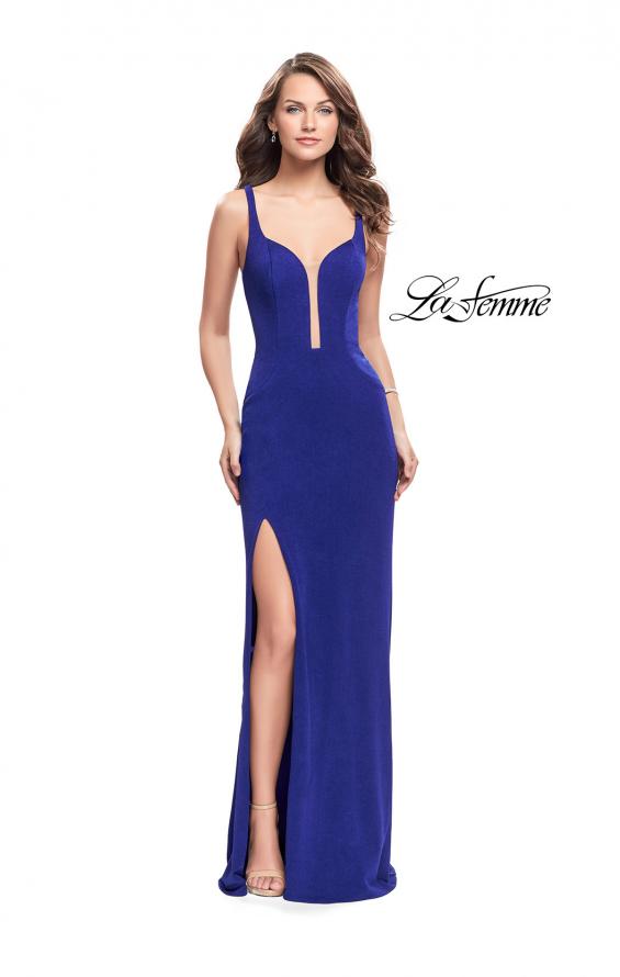 Picture of: Long Jersey Prom Dress with Caged Strappy Open Back in Sapphire Blue, Style: 25720, Back Picture