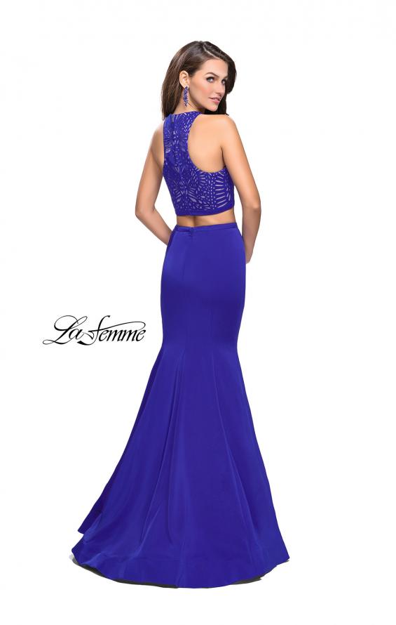 Picture of: Two Piece Jersey Prom Dress with Laser Cut Outs in Sapphire Blue, Style: 25759, Back Picture