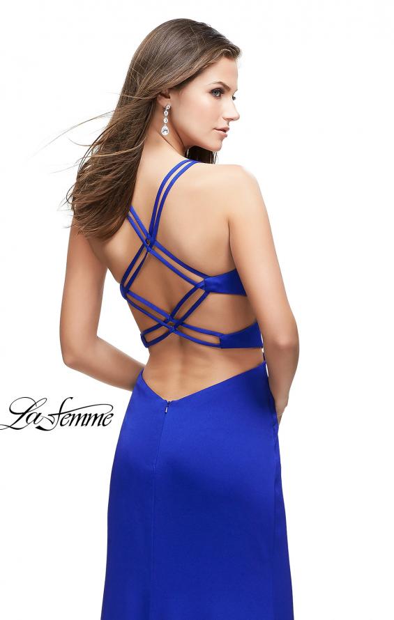 Picture of: Form Fitting Satin Gown with Side Cut Outs and V Neckline in Sapphire Blue, Style: 25853, Back Picture