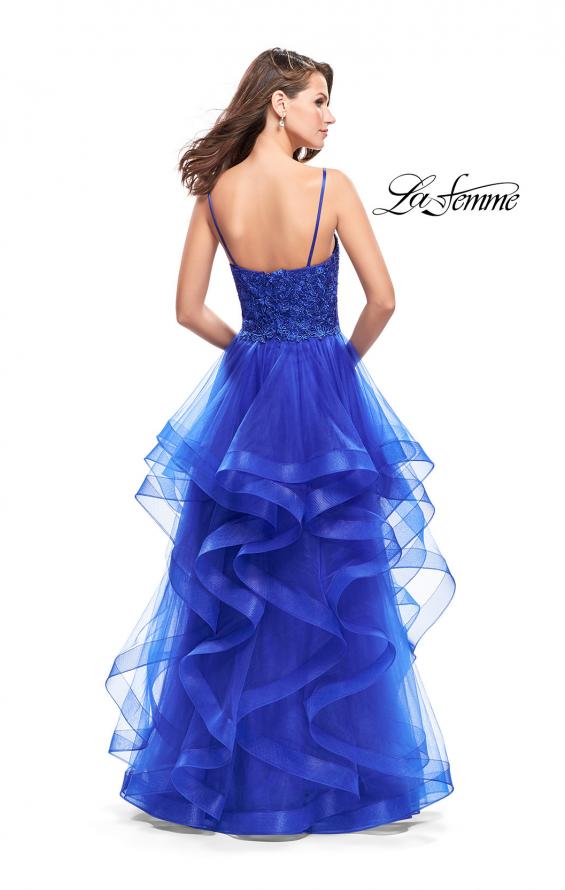 Picture of: Long Ball Gown with Tulle Skirt and Beaded Lace Bodice in Sapphire Blue, Style: 25857, Back Picture