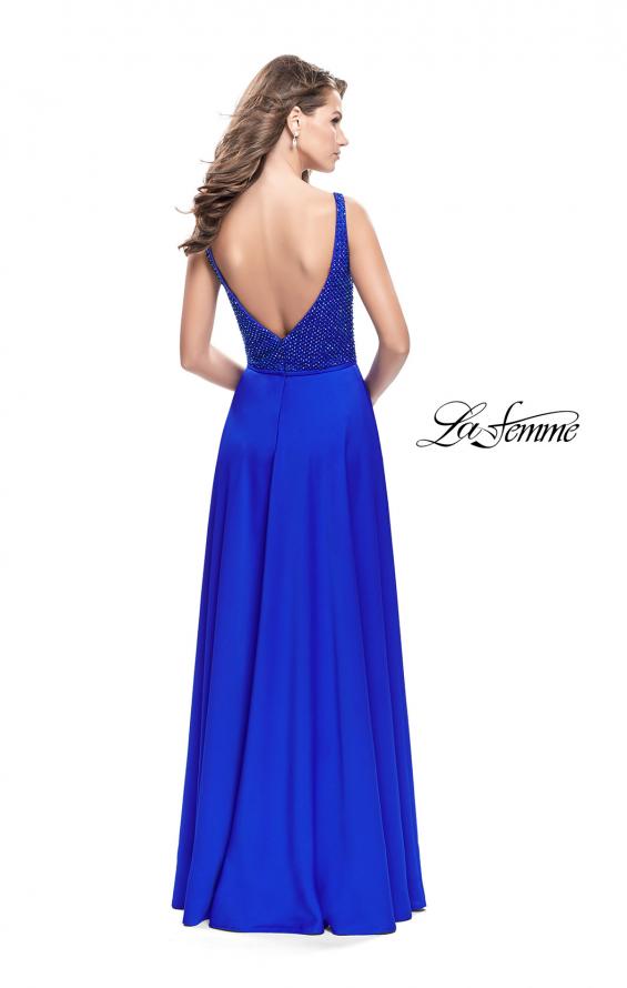 Picture of: Long Satin Prom Gown with Beaded Bodice and V Back in Sapphire Blue, Style: 26275, Back Picture