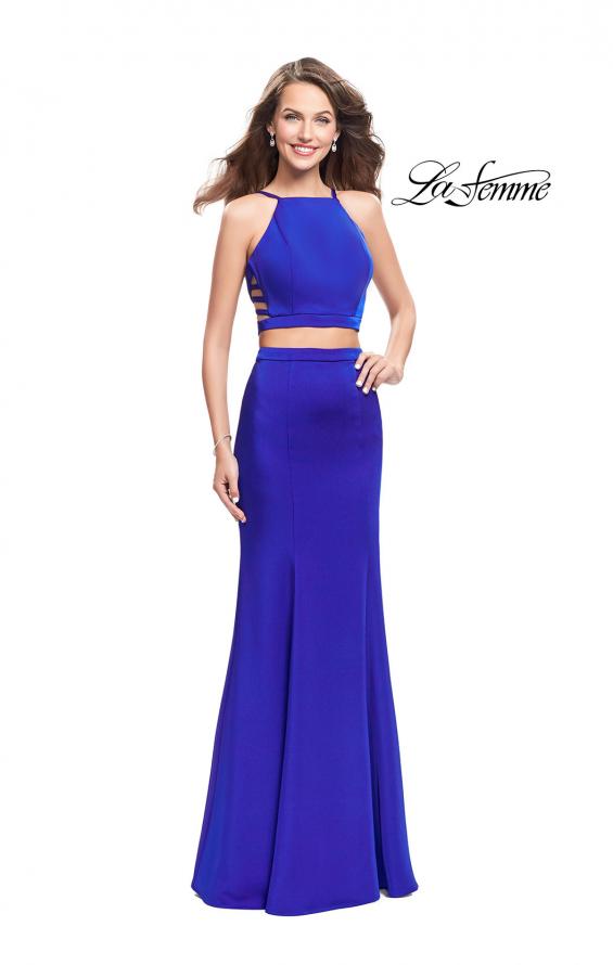 Picture of: Two Piece Jersey Prom Dress with High Neckline in Sapphire Blue, Style: 25220, Detail Picture 1