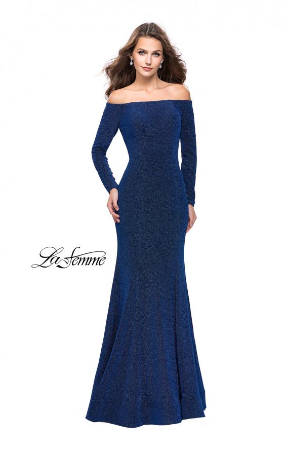 Picture of: Long Sleeve Off the Shoulder Prom Dress with Open Back in Sapphire Blue, Style: 25412, Detail Picture 1