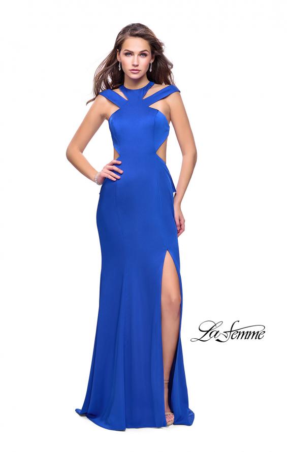 Picture of: Long Jersey Prom Dress with Ruffle Detail and Slit in Sapphire Blue, Style: 25971, Detail Picture 1