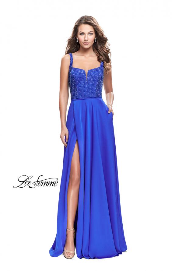 Picture of: Long Satin Prom Gown with Beaded Bodice and V Back in Sapphire Blue, Style: 26275, Detail Picture 1