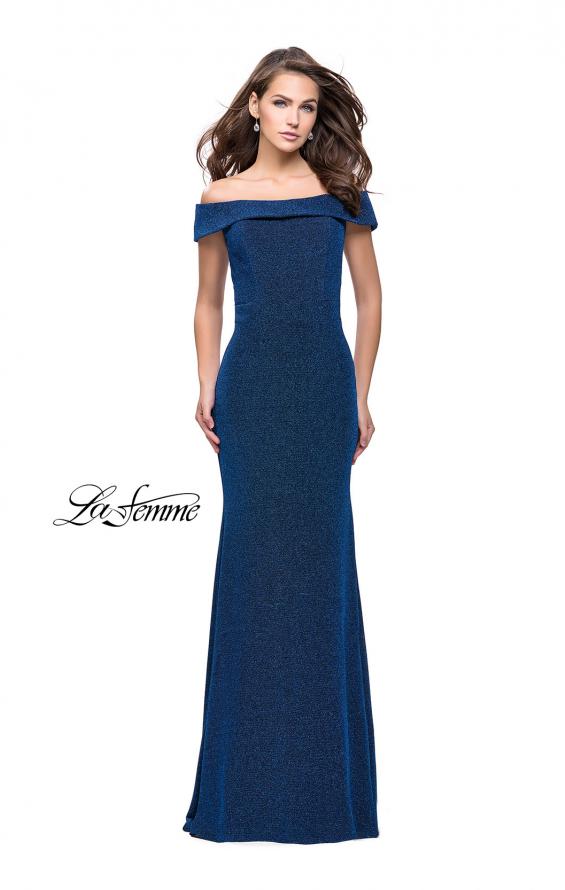 Picture of: Long Off the Shoulder Prom Dress with Flare Bottom in Sapphire Blue, Style: 25444, Detail Picture 2